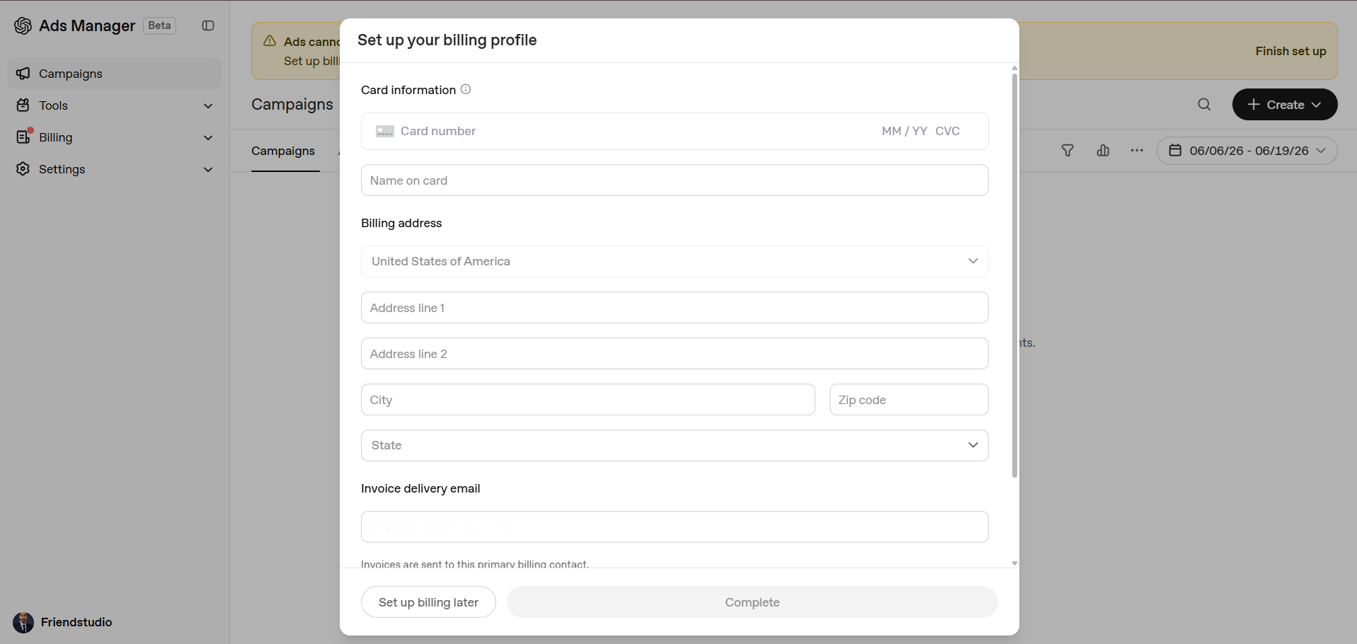 Billing setup in ChatGPT Ads account