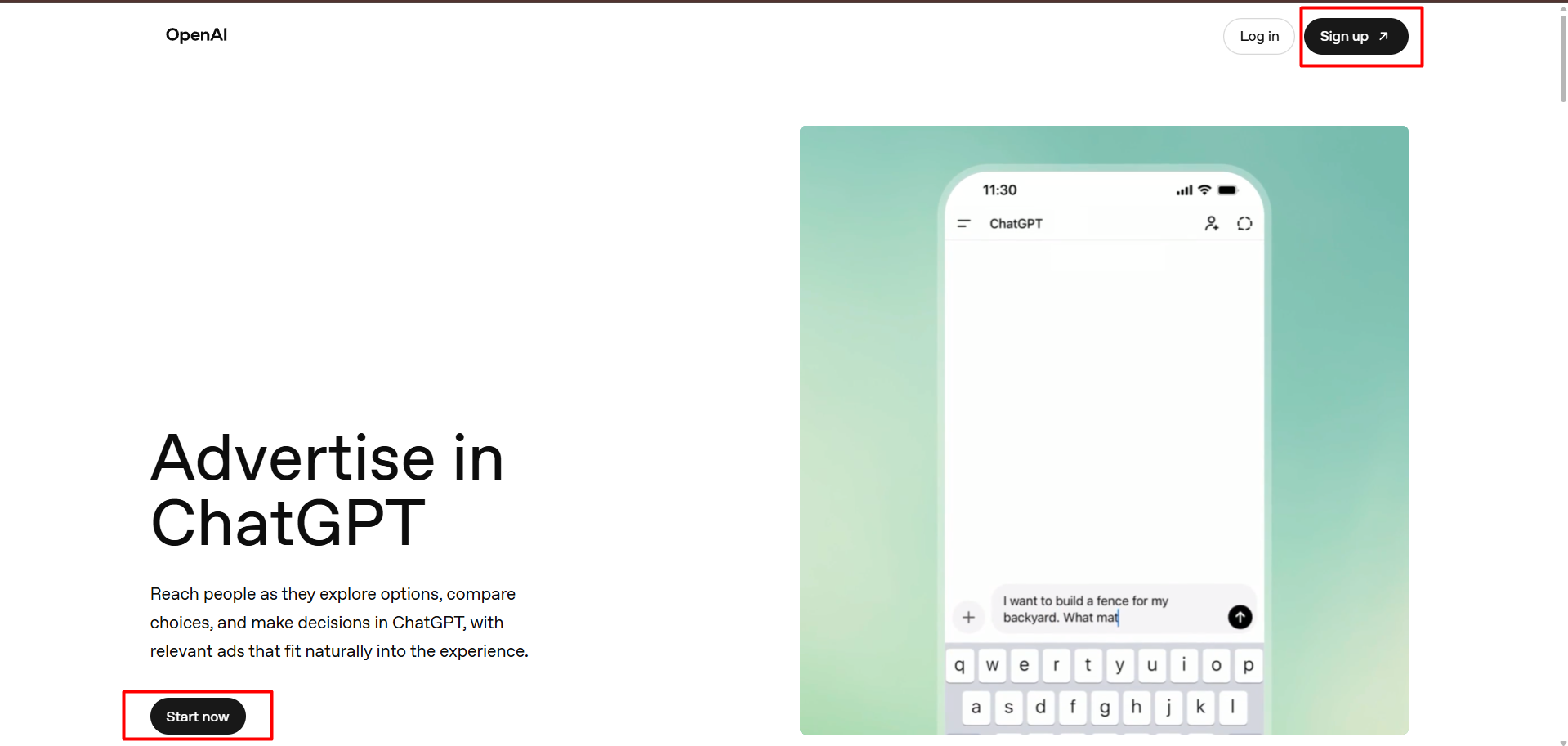 ChatGPT Ads account creation Starting interface