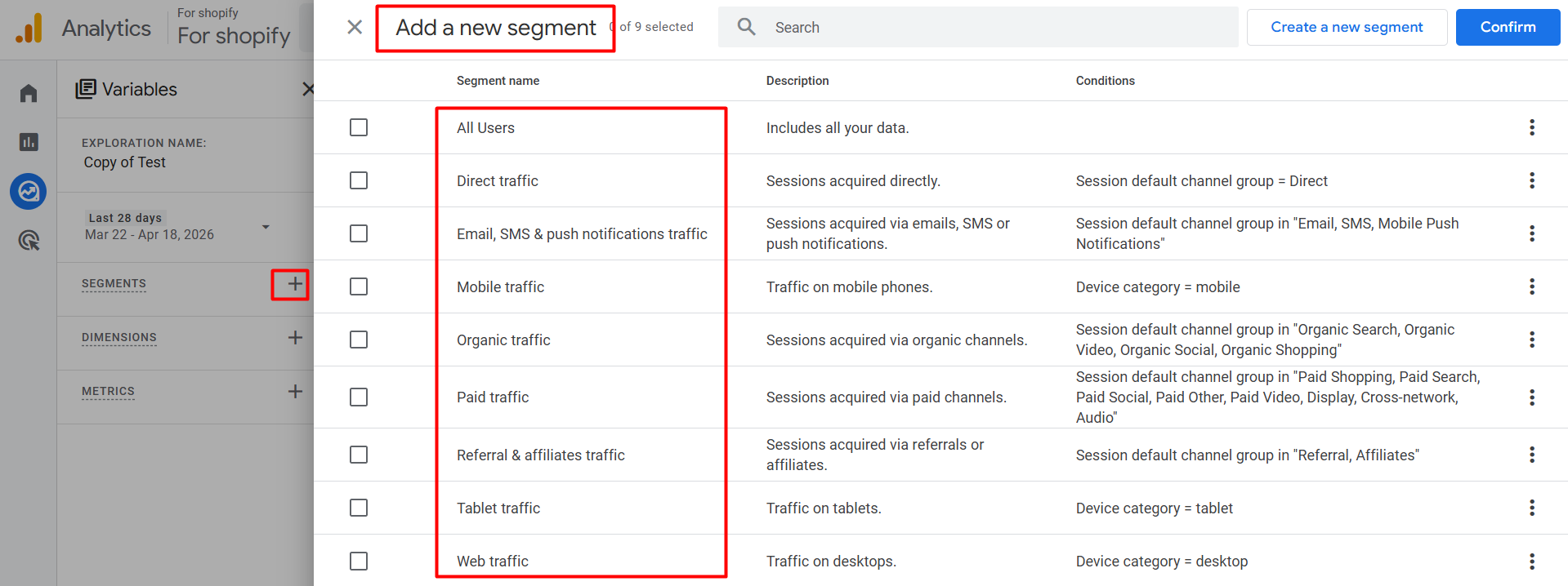 Pre-created Segments list